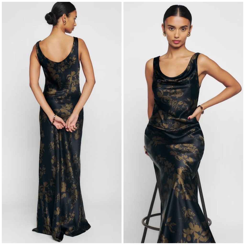 Reformation Black Maxi Dress With Gold Floral Design
